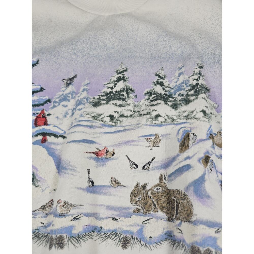 Vintage Artisans Sweatshirt Large XL White Fleece Winter Scene Birds Rabbits - Picture 2 of 10
